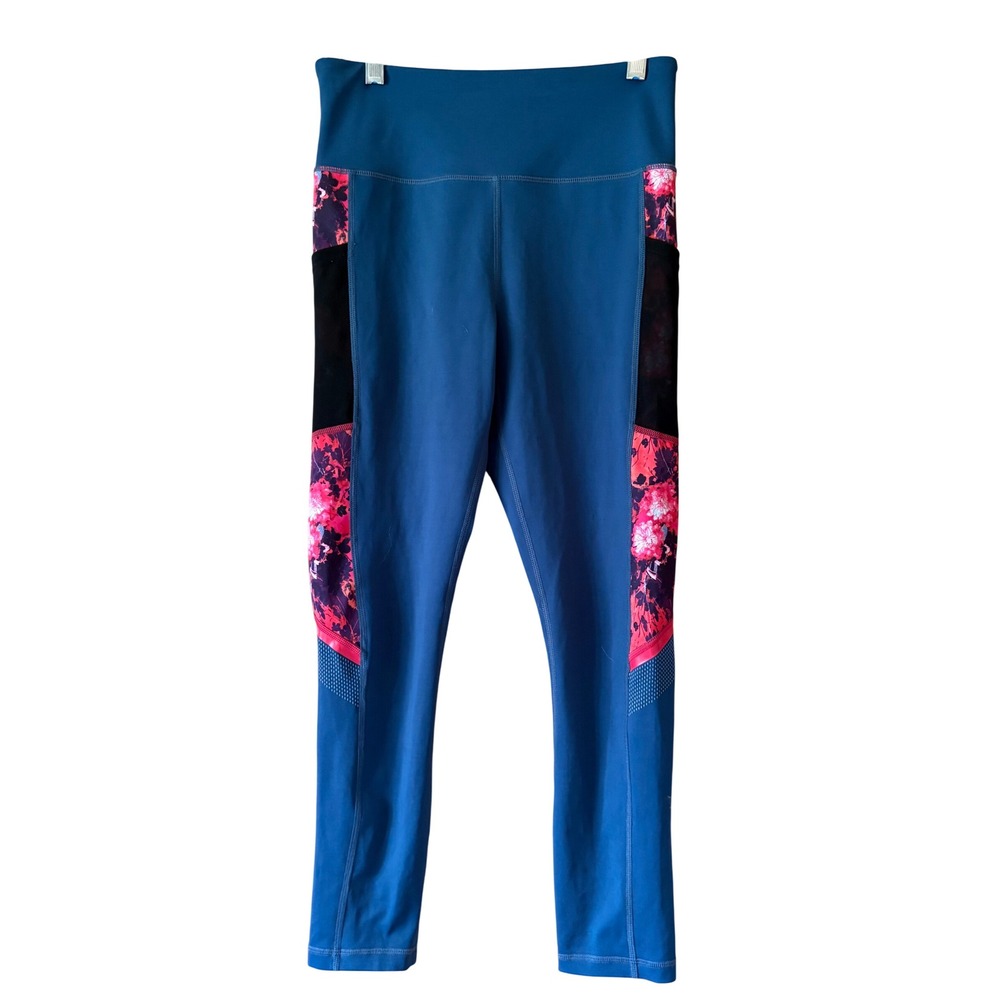 ZYIA Active‎ Womens High Waisted Pocket Crop Leggings Size 6-8 Teal Floral Comfy